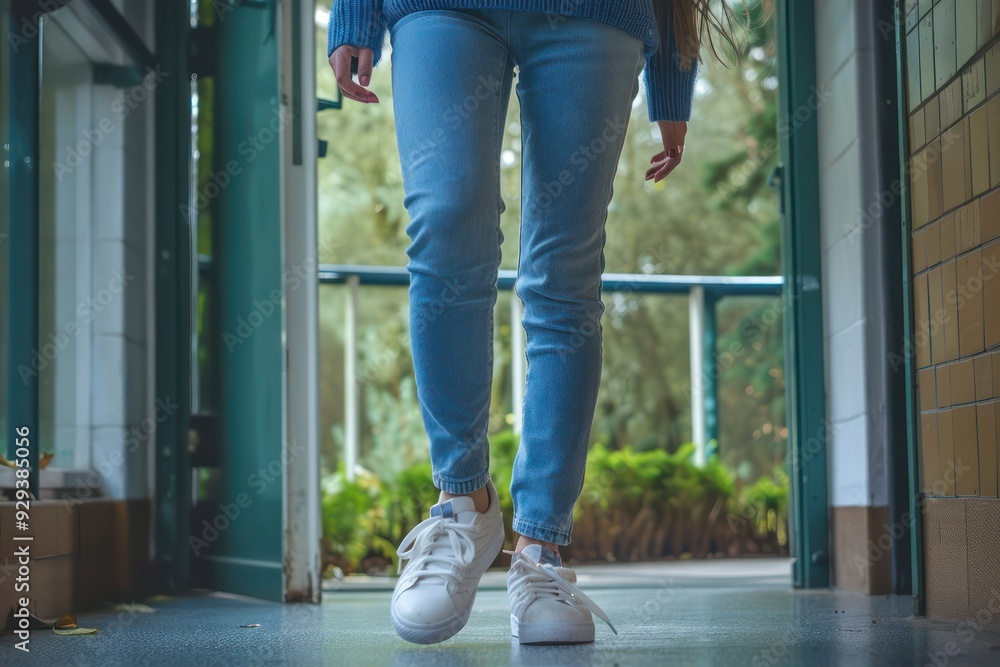 High school corridor, girl in jeans and blue sweater, white sneakers, walking, nature visible through door High school corridor, girl in jeans and blue sweater, white sneakers, walking, nature visible through door
