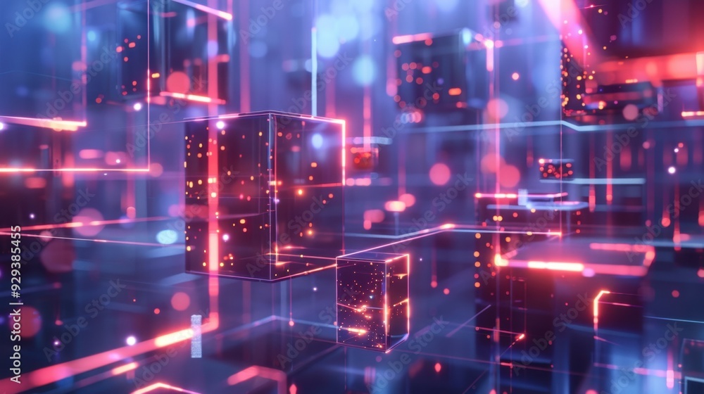 Obraz premium Abstract AI technology with floating geometric shapes and glowing lines, illustrating data processing.