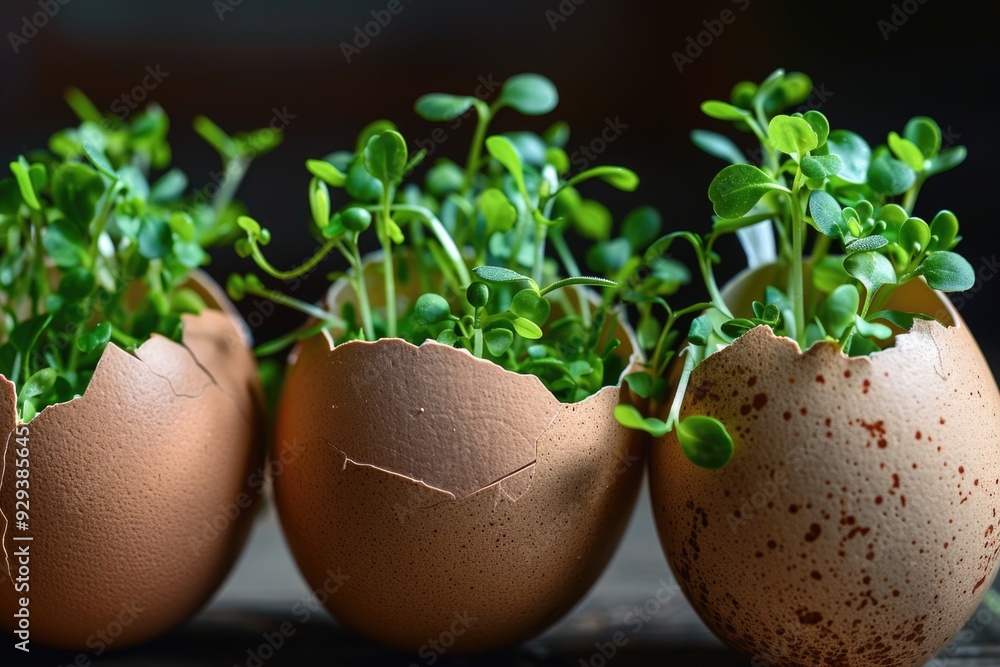 Three eggs with sprouts growing out of them Three eggs with sprouts growing out of them