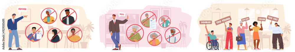 Set Of Various Forms Of Workplace Discrimination And Racism As Refusal Of Candidates Based On Race, Age, Gender Set Of Various Forms Of Workplace Discrimination And Racism As Refusal Of Candidates Based On Race, Age, Gender