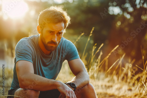 Tired sport fitness man exhausted breathing after difficult workout outdoors. Heat exhaustion athlete dehydrated or runner with knee injury pain resting in disappointment