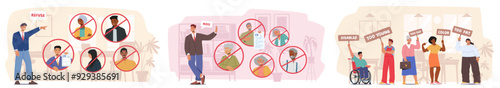 Set Of Various Forms Of Workplace Discrimination And Racism As Refusal Of Candidates Based On Race, Age, Gender