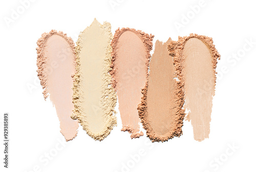 Cosmetic loose powder assortment set 3 light colors beige, brown, on white background photo