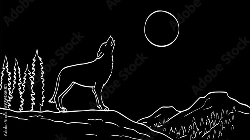 2d Animation line drawing of a wolf, coyote or wild dog howling at the moon  on white, black and green screen in 4k ultra-high-definition.