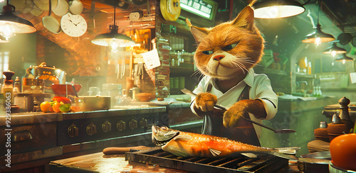 A grumpy looking animated cat chef focused on grilling a fresh fish in a busy rustic kitchen setting with various cooking equipment and utensils