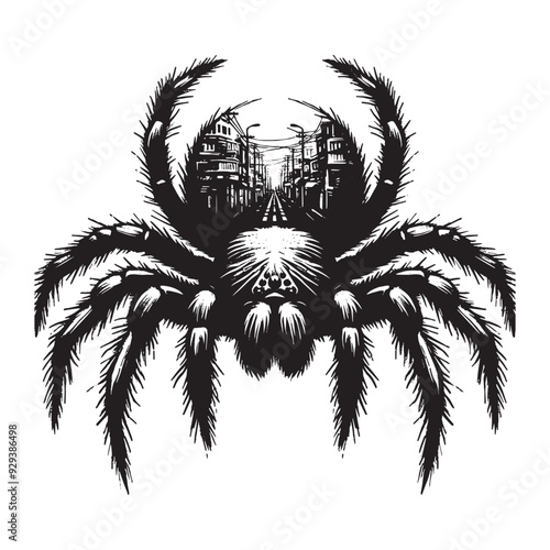 silhouette of Spider front, filled with ghetto street in rough drawing, animal,