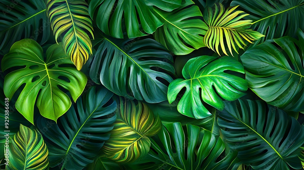 Lush tropical leaves with intricate details and textures, a vibrant green background. Lush tropical leaves with intricate details and textures, a vibrant green background.