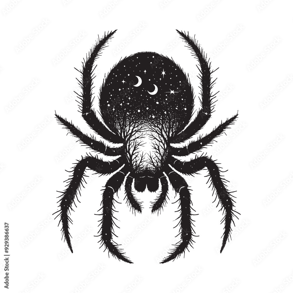 silhouette of Spider front, filled with nature night view in rough drawing, animal,