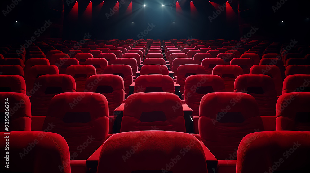 Empty Movie Theater with Red Seats and Spotlight Empty Movie Theater with Red Seats and Spotlight