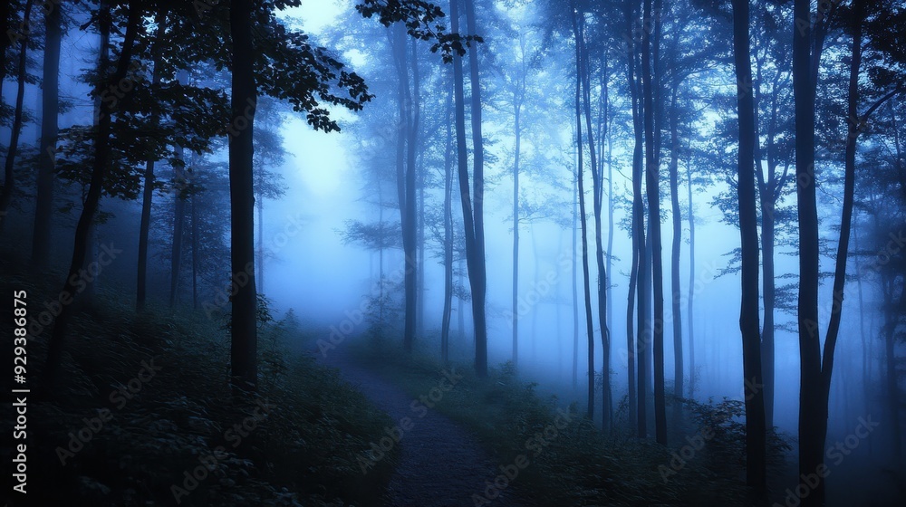 Obraz premium A serene, misty forest path surrounded by tall trees, evoking a sense of tranquility.