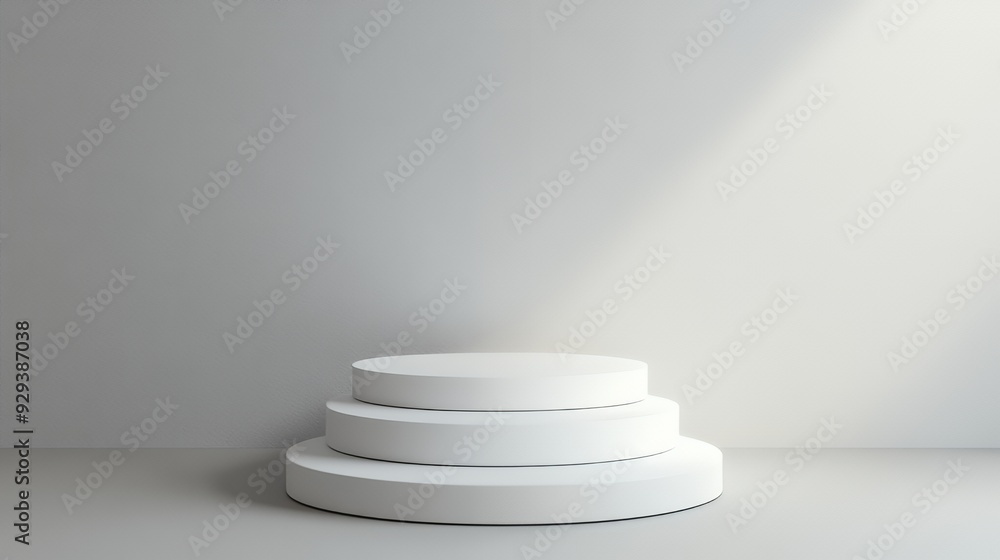 A minimalistic display podium with three circular tiers against a plain wall. A minimalistic display podium with three circular tiers against a plain wall.
