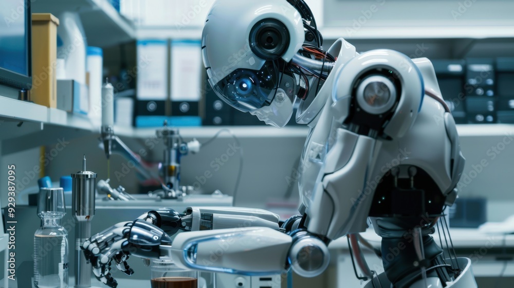 Fototapeta premium Advanced AI robotics performing delicate tasks with precision in a research laboratory.