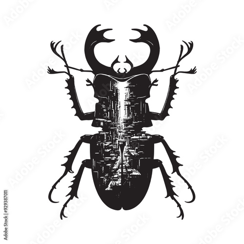 silhouette of stag beetle, filled with destroyed futuristic dystopia environment in rough drawing, animal,