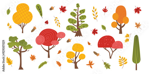 Set of fall trees and leaves. Collection of different trees in autumn colors in flat style. Autumn vector illustration on white isolated background. Hand-drawn style.
