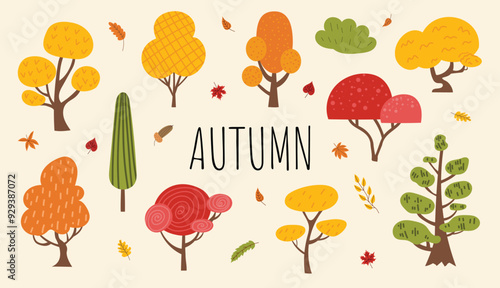 Cute fall collection of trees and leaves. Set of different trees in autumn colors. Autumn vector illustration on isolated background.  Hand-drawn style.