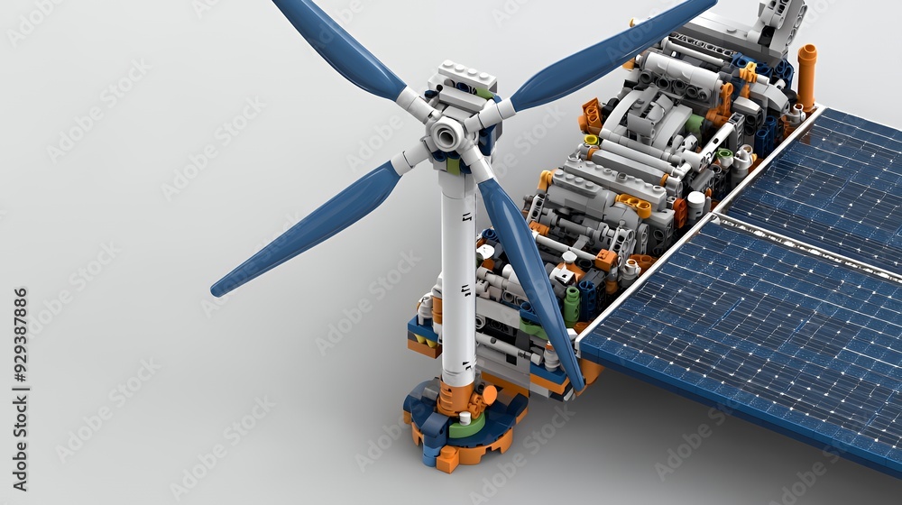 A model of a wind turbine and solar panel system showcasing renewable energy technology. A model of a wind turbine and solar panel system showcasing renewable energy technology.