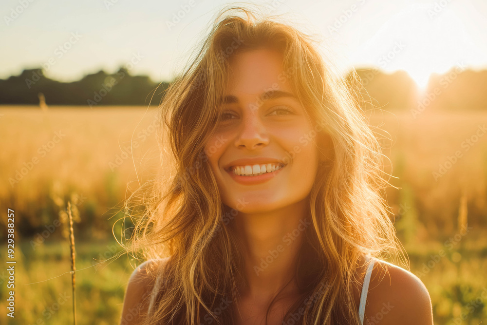 Young happy smiling woman standing in a field with sun shining through her hair Young happy smiling woman standing in a field with sun shining through her hair