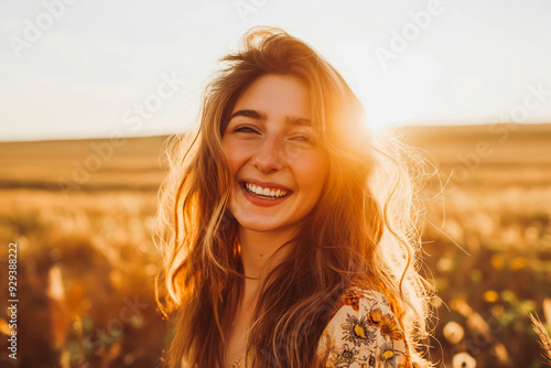 Young happy smiling woman standing in a field with sun shining through her hair