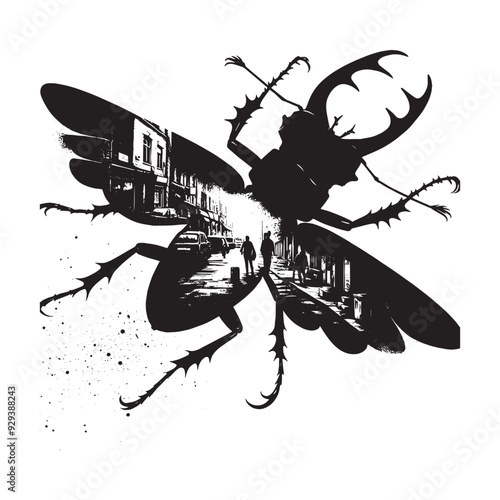 silhouette of stag beetle flying, filled with ghetto street in rough drawing, animal,