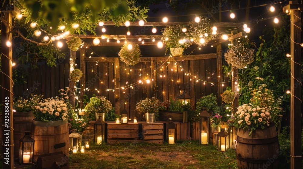 An outdoor garden party decoration setup with string lights, lanterns, and floral arrangements. An outdoor garden party decoration setup with string lights, lanterns, and floral arrangements.