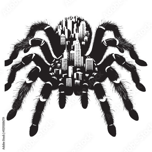 silhouette of tarantula, filled with cityline in rough drawing, animal,