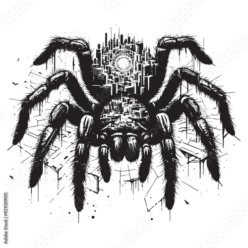 silhouette of tarantula, filled with destroyed futuristic dystopia environment in rough drawing, animal,