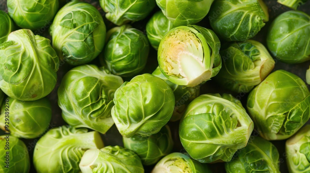 Fototapeta premium Close-up of green Brussels sprouts arranged on a cutting board, emphasizing healthy and fresh produce.