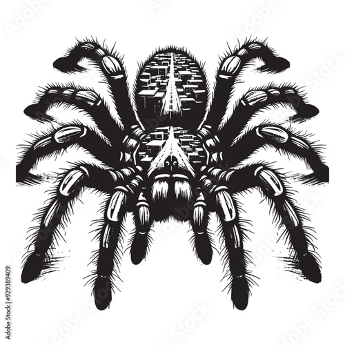 silhouette of tarantula front, filled with ghetto street in rough drawing, animal,