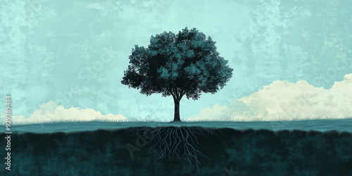 Solitary tree in an open field, with roots spreading beneath a textured surface, flat illustration