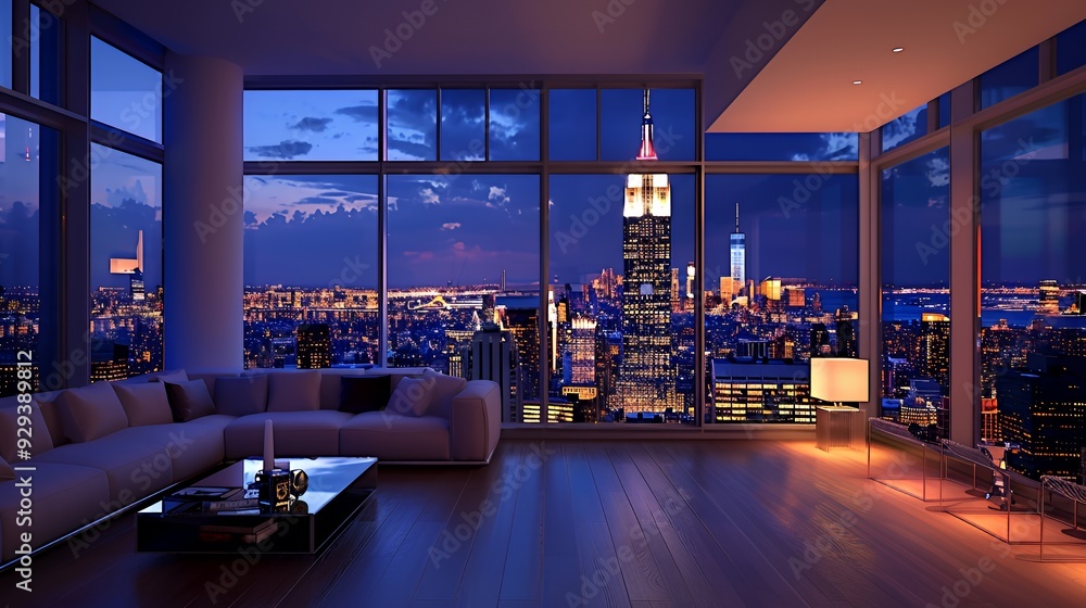 A modern apartment with a stunning city skyline view at dusk. A modern apartment with a stunning city skyline view at dusk.
