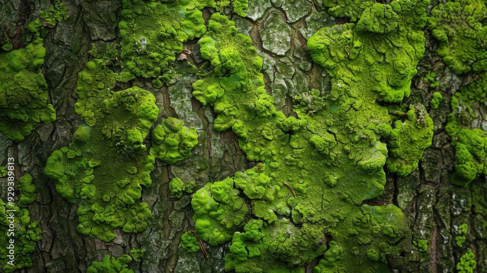 Close-up of vibrant green moss growing on a tree trunk, showcasing nature's texture and color Close-up of vibrant green moss growing on a tree trunk, showcasing nature's texture and color