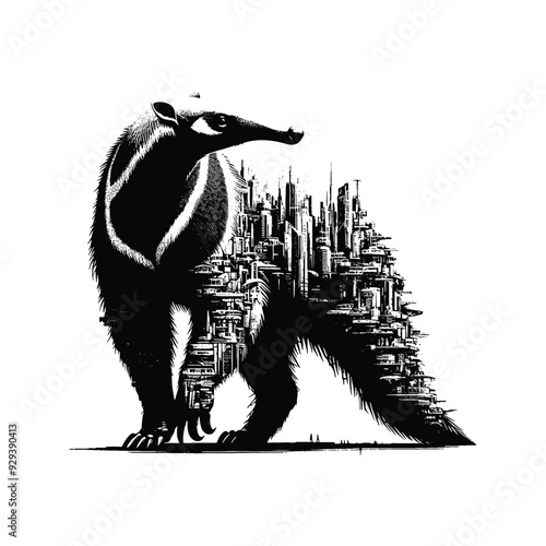 Anteater silhouette, filled with destroyed futuristic dystopia environment in rough drawing,