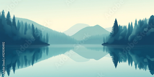 Depiction of a serene lake surrounded by forested hills, with reflections on the water's surface, flat illustration photo