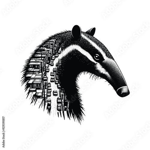 Anteater silhouette, filled with ghetto street in rough drawing,