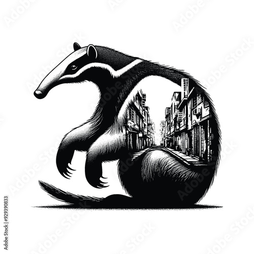 Anteater silhouette, filled with ghetto street in rough drawing,