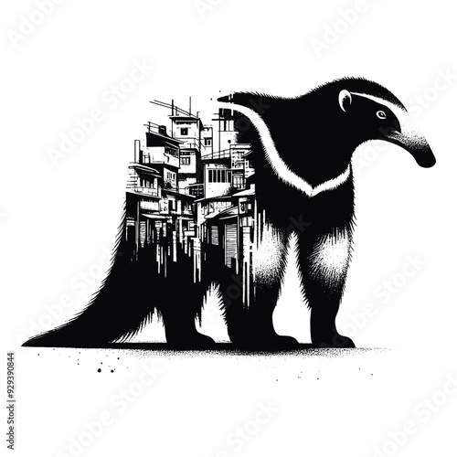 Anteater silhouette, filled with ghetto street in rough drawing,