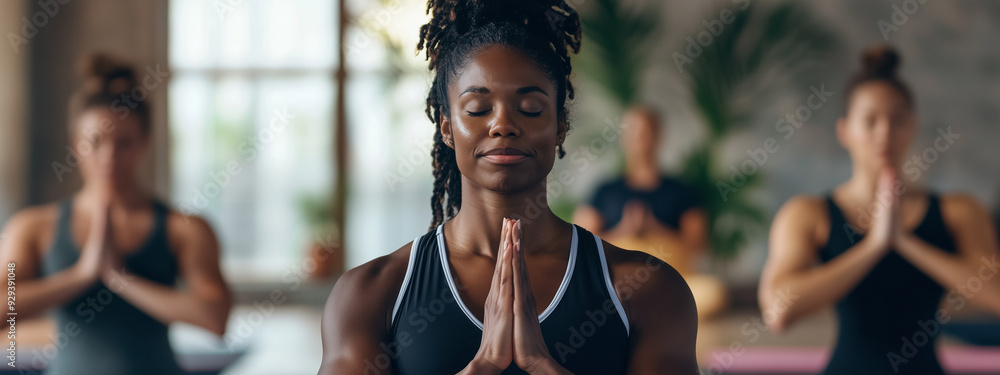 A young African American woman meditates with eyes closed in a peaceful yoga class setting, surrounded by other participants in a serene and bright studio. A young African American woman meditates with eyes closed in a peaceful yoga class setting, surrounded by other participants in a serene and bright studio.