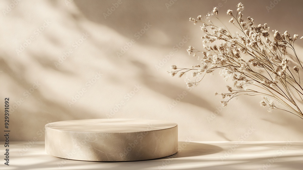 Minimalist product display with beige pedestal, white flowers, and sunlit wall. Minimalist product display with beige pedestal, white flowers, and sunlit wall.
