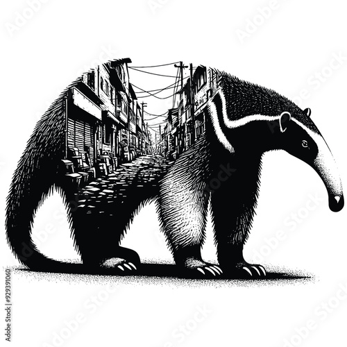 Anteater silhouette, filled with ghetto street in rough drawing,