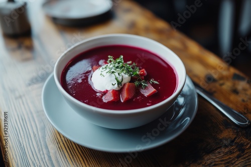 Borscht, A beet soup that can be served hot or cold, typically made with beets, cabbage, potatoes, carrots, and often garnished with sour cream.