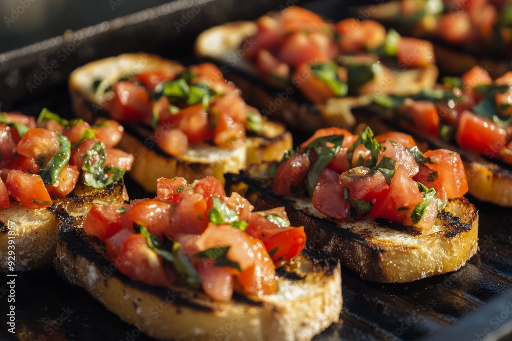 Bruschetta, Grilled bread rubbed with garlic and topped with olive oil, tomatoes, basil, and sometimes mozzarella cheese. Bruschetta, Grilled bread rubbed with garlic and topped with olive oil, tomatoes, basil, and sometimes mozzarella cheese.