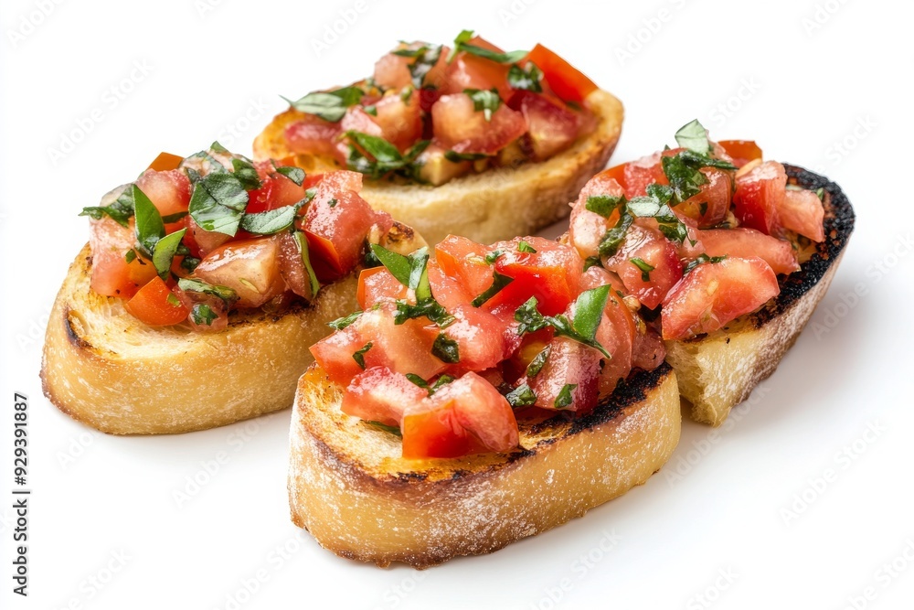 Bruschetta, Grilled bread rubbed with garlic and topped with olive oil, tomatoes, basil, and sometimes mozzarella cheese. Isolated on White Background Bruschetta, Grilled bread rubbed with garlic and topped with olive oil, tomatoes, basil, and sometimes mozzarella cheese. Isolated on White Background