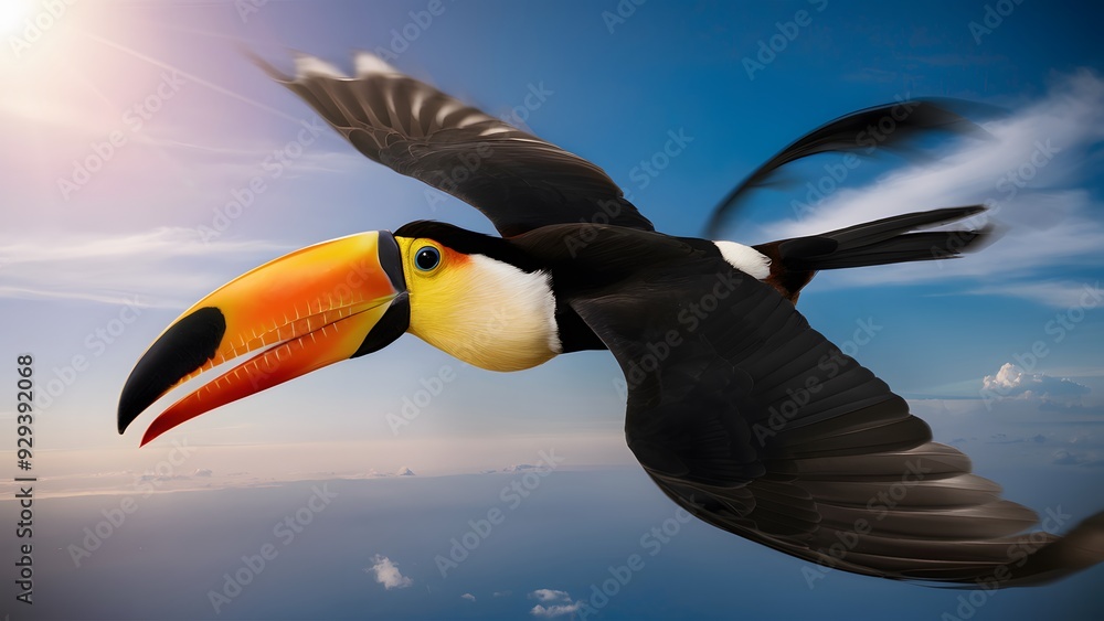 Naklejka premium Toucan Flying Under a Blue Sky, Wallpaper, Cover and Screen for Smartphone, Cell Phone, Computer, Laptop