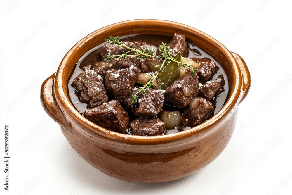 Carbonade Flamande, A traditional Belgian stew made with beef, onions, and beer, often flavored with thyme, bay leaves, and mustard, and served with fries or bread. Isolated on White Background Carbonade Flamande, A traditional Belgian stew made with beef, onions, and beer, often flavored with thyme, bay leaves, and mustard, and served with fries or bread. Isolated on White Background