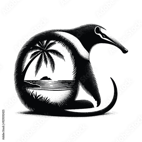 Anteater silhouette, filled with ocean beach view with palm tree in rough drawing,