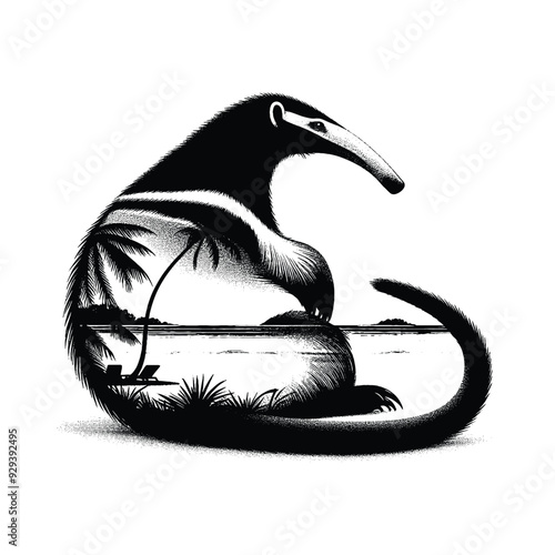 Anteater silhouette, filled with ocean beach view with palm tree in rough drawing,