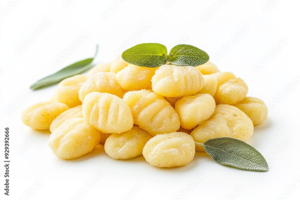Gnocchi , Soft dough dumplings made from potatoes, flour, and eggs, often served with sauces such as pesto, tomato, or butter and sage, Isolated on White Background Gnocchi , Soft dough dumplings made from potatoes, flour, and eggs, often served with sauces such as pesto, tomato, or butter and sage, Isolated on White Background