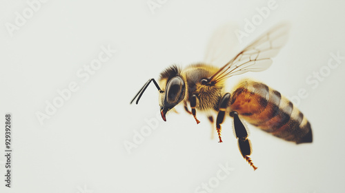 Close-up of a honeybee in flight with detailed wings and body, set against a light, airy background, showcasing the intricate beauty of this vital pollinator.