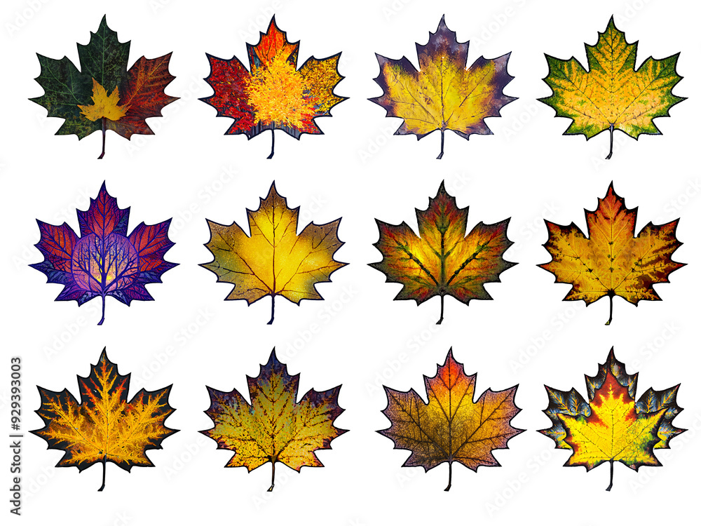 A collection of maple leaves in vibrant colors and patterns reflects the beauty of autumn foliage in a grid layout on transparent background A collection of maple leaves in vibrant colors and patterns reflects the beauty of autumn foliage in a grid layout on transparent background