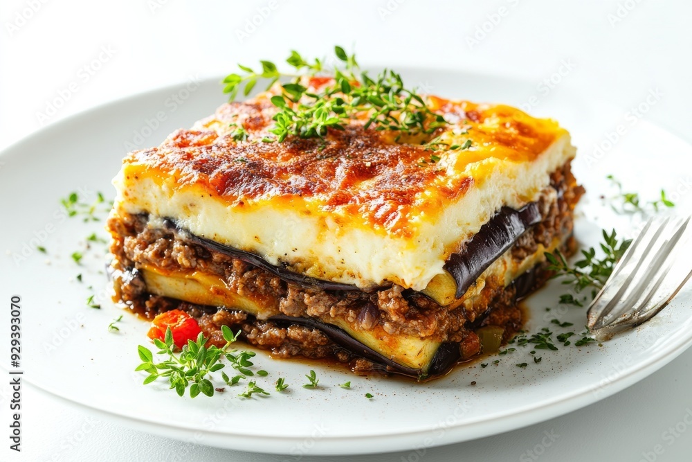 Moussaka , A layered casserole dish made with eggplant, minced meat (usually lamb), tomatoes, and topped with a béchamel sauce. Isolated on White Background Moussaka , A layered casserole dish made with eggplant, minced meat (usually lamb), tomatoes, and topped with a béchamel sauce. Isolated on White Background